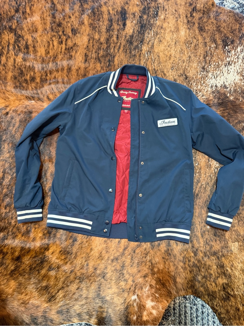 Indian Motorcycles Mens Jacket Red Quilted Lining Bomber Blue Riding Size Medium